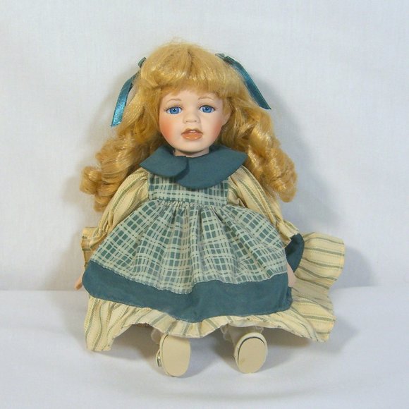 Doll Sitting Golden Hair Curls Porcelain Collectible Display - Picture 1 of 9